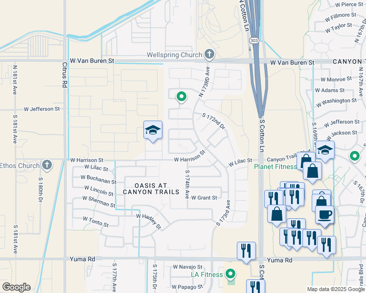 map of restaurants, bars, coffee shops, grocery stores, and more near 17415 West Morning Glory Street in Goodyear