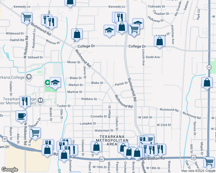 map of restaurants, bars, coffee shops, grocery stores, and more near 1003 Richmond Road in Texarkana