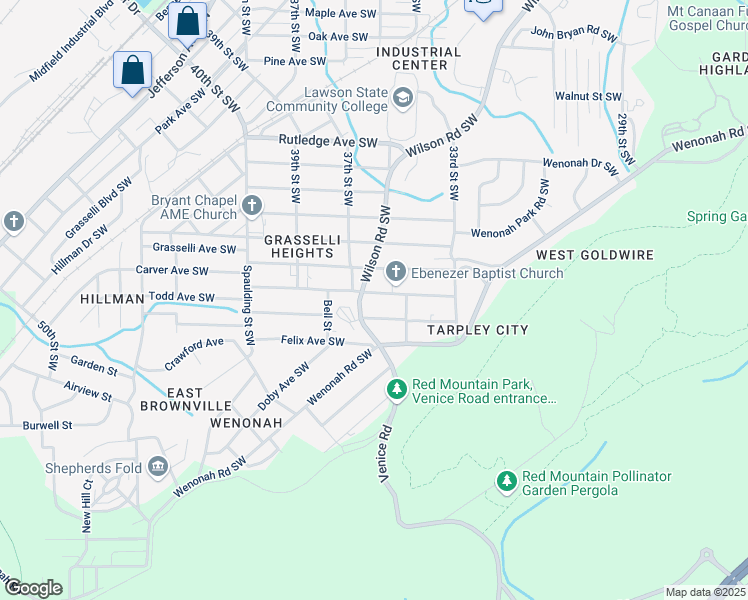 map of restaurants, bars, coffee shops, grocery stores, and more near 3535 Todd Avenue Southwest in Birmingham