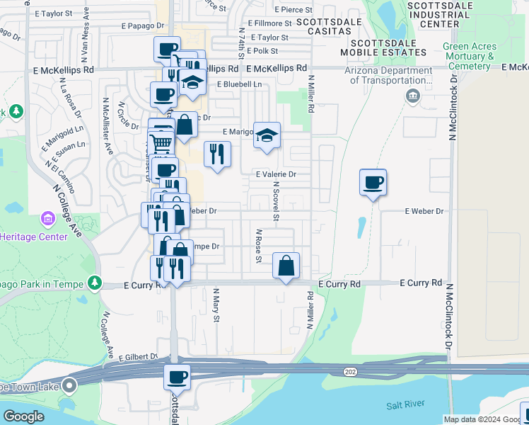 map of restaurants, bars, coffee shops, grocery stores, and more near 1134 East Weber Drive in Tempe