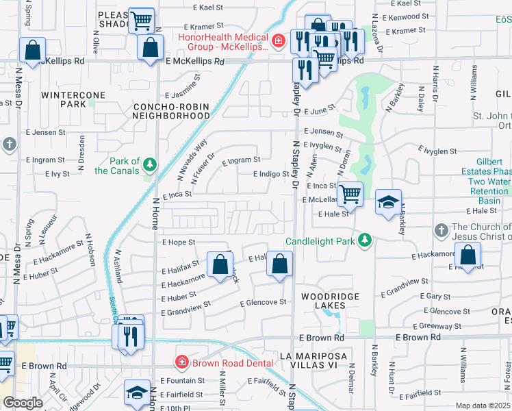 map of restaurants, bars, coffee shops, grocery stores, and more near 1550 North Stapley Drive in Mesa