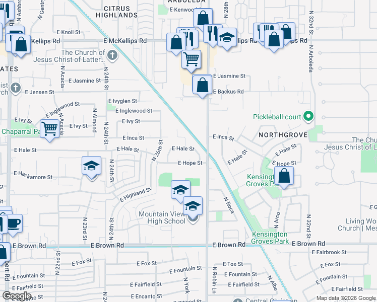 map of restaurants, bars, coffee shops, grocery stores, and more near 2715 East Hale Street in Mesa