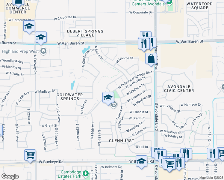 map of restaurants, bars, coffee shops, grocery stores, and more near 101 South 118th Lane in Avondale