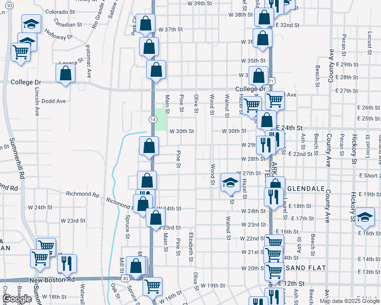 map of restaurants, bars, coffee shops, grocery stores, and more near 2821 Olive Street in Texarkana