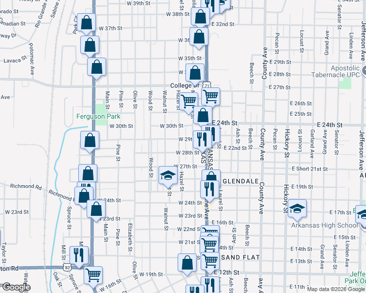 map of restaurants, bars, coffee shops, grocery stores, and more near 2816 Hazel Street in Texarkana