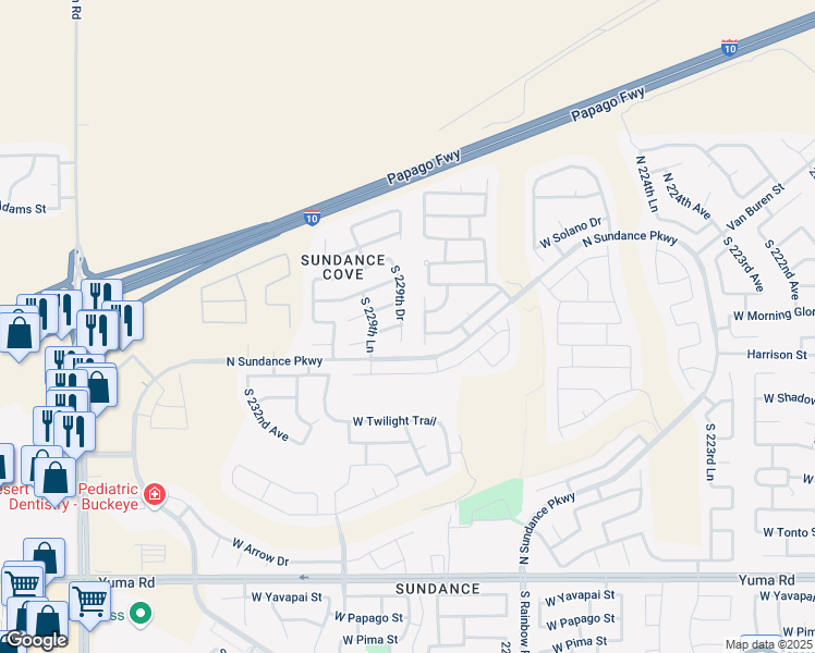map of restaurants, bars, coffee shops, grocery stores, and more near 353 South 229th Drive in Buckeye