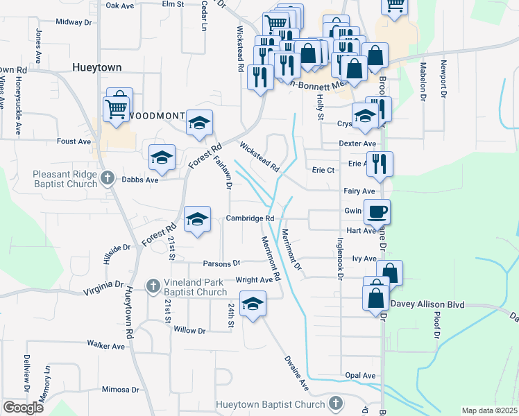 map of restaurants, bars, coffee shops, grocery stores, and more near 619 Fairlawn Circle in Hueytown