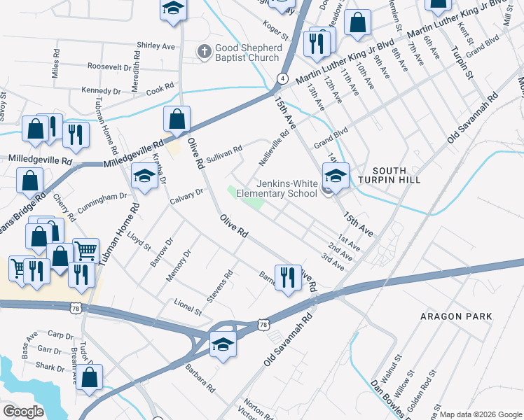 map of restaurants, bars, coffee shops, grocery stores, and more near 1916 3rd Avenue in Augusta
