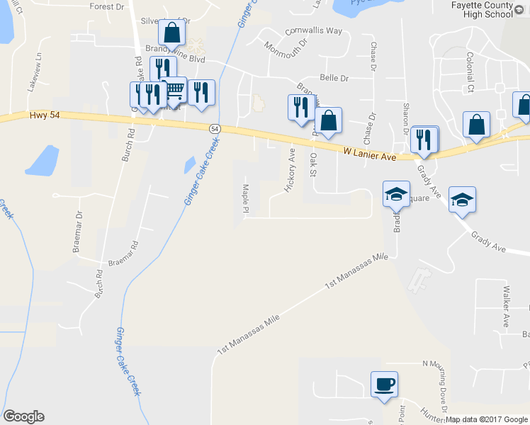 map of restaurants, bars, coffee shops, grocery stores, and more near 495 Oak Street in Fayetteville