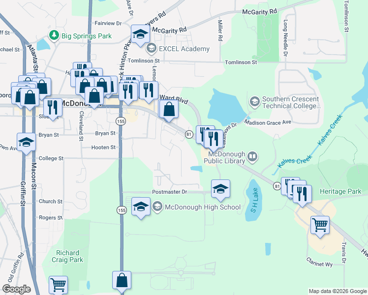 map of restaurants, bars, coffee shops, grocery stores, and more near in McDonough
