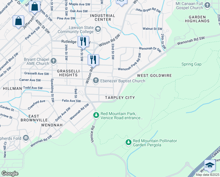 map of restaurants, bars, coffee shops, grocery stores, and more near 3311 Todd Avenue Southwest in Birmingham