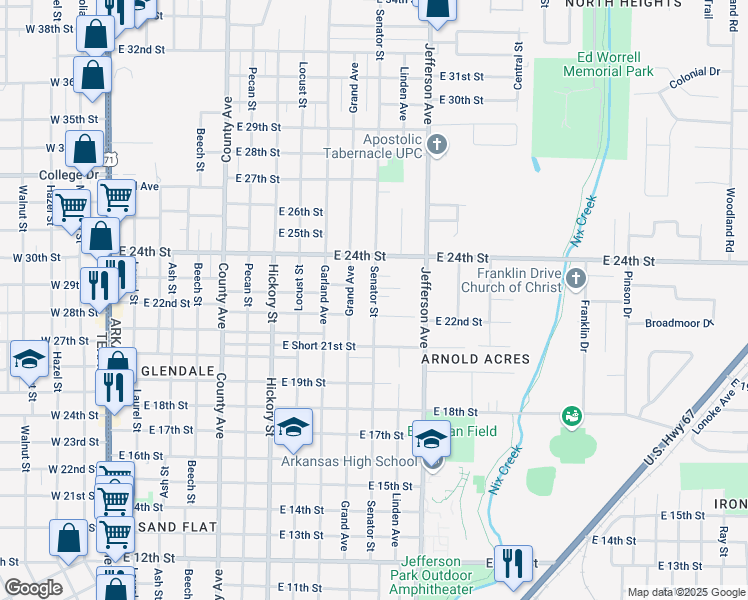 map of restaurants, bars, coffee shops, grocery stores, and more near 2223 Senator Street in Texarkana