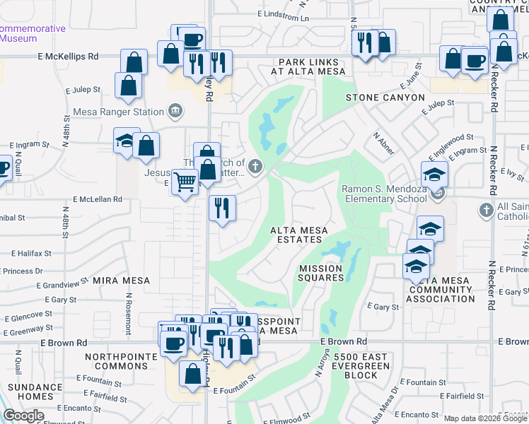 map of restaurants, bars, coffee shops, grocery stores, and more near 1547 North Sinova in Mesa