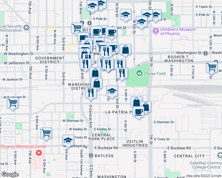 map of restaurants, bars, coffee shops, grocery stores, and more near 411 South 2nd Street in Phoenix
