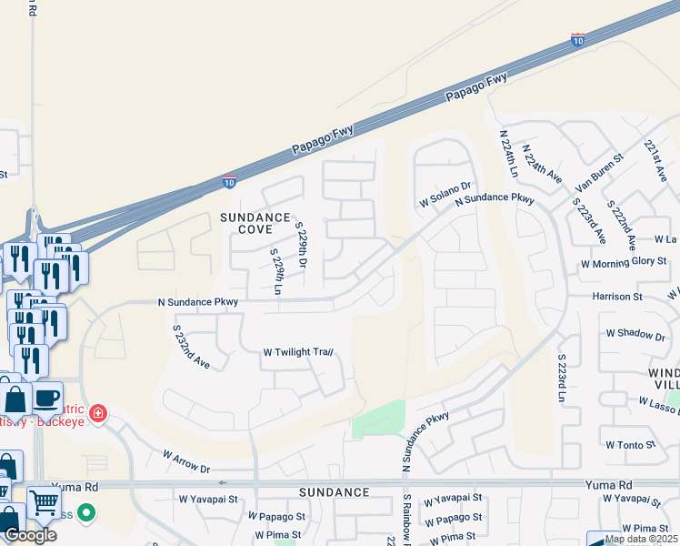 map of restaurants, bars, coffee shops, grocery stores, and more near 22832 West Morning Glory Street in Buckeye