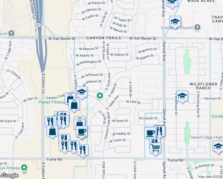 map of restaurants, bars, coffee shops, grocery stores, and more near 332 South 166th Drive in Goodyear