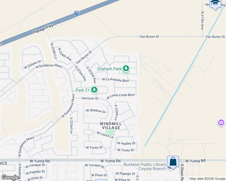 map of restaurants, bars, coffee shops, grocery stores, and more near 352 South 220th Lane in Buckeye