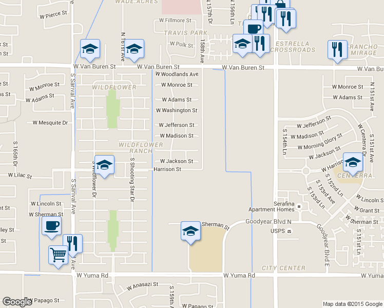 map of restaurants, bars, coffee shops, grocery stores, and more near 15833 West Morning Glory Street in Goodyear