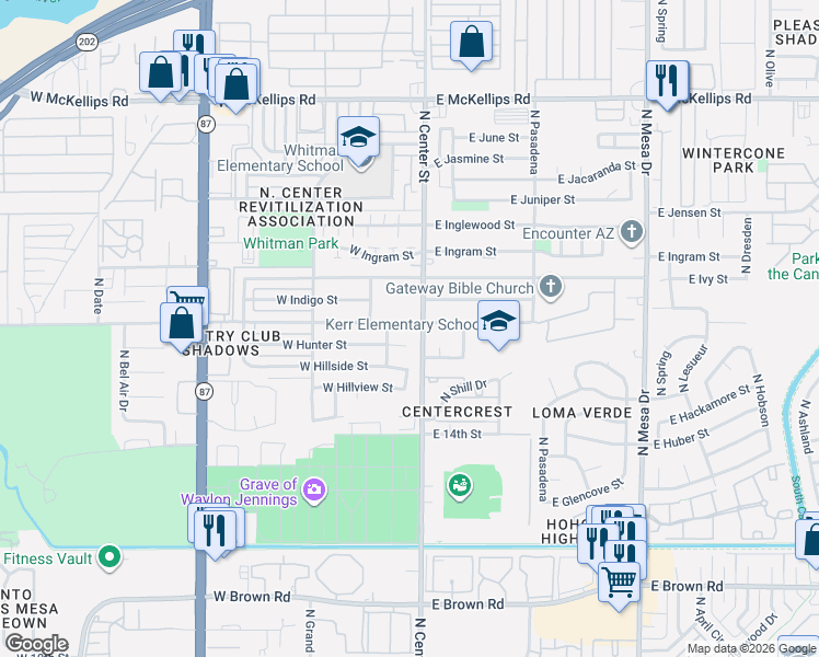 map of restaurants, bars, coffee shops, grocery stores, and more near 7 East McLellan Road in Mesa