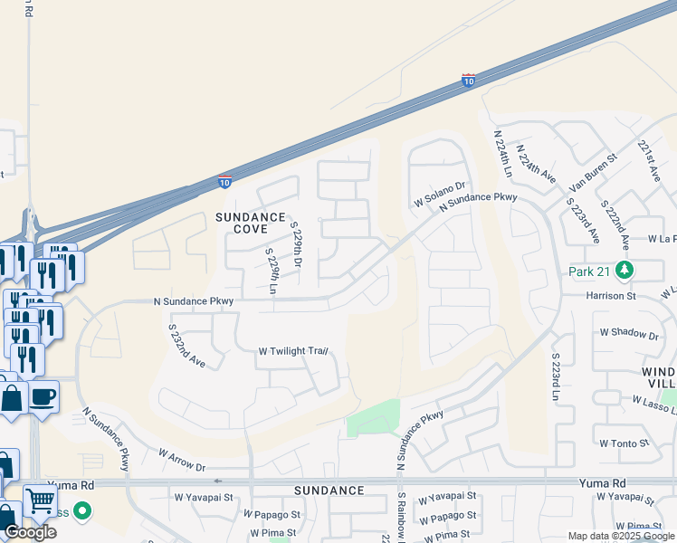 map of restaurants, bars, coffee shops, grocery stores, and more near 22832 West Morning Glory Street in Buckeye