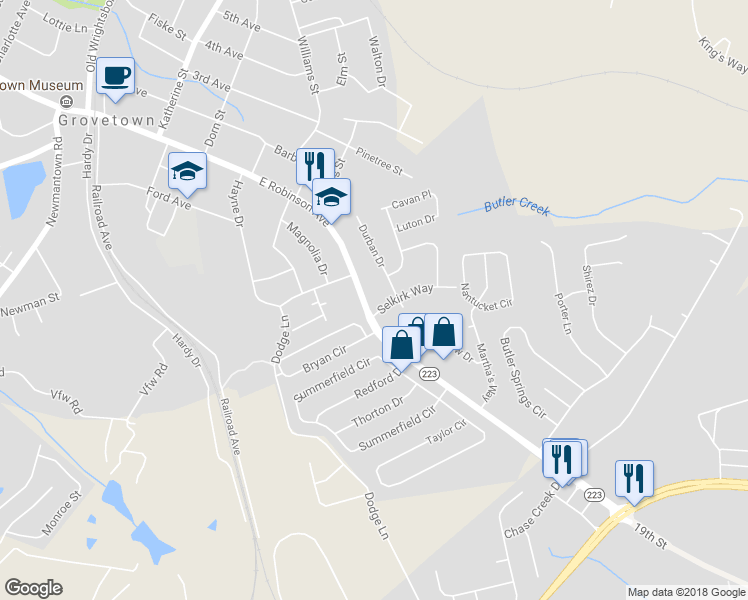 map of restaurants, bars, coffee shops, grocery stores, and more near 525 East Robinson Avenue in Grovetown