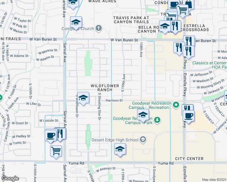 map of restaurants, bars, coffee shops, grocery stores, and more near 15983 West Morning Glory Street in Goodyear