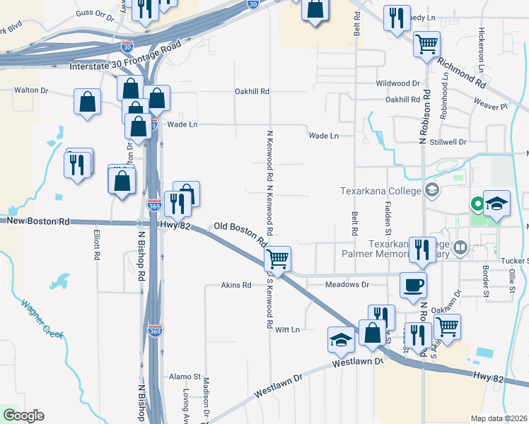 map of restaurants, bars, coffee shops, grocery stores, and more near 223 North Kenwood Road in Texarkana