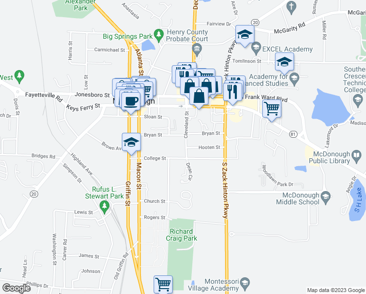 map of restaurants, bars, coffee shops, grocery stores, and more near 131 Cleveland Street in McDonough