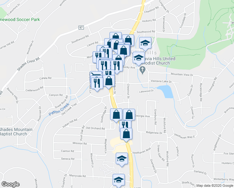 map of restaurants, bars, coffee shops, grocery stores, and more near 2000 Molton Court in Vestavia Hills