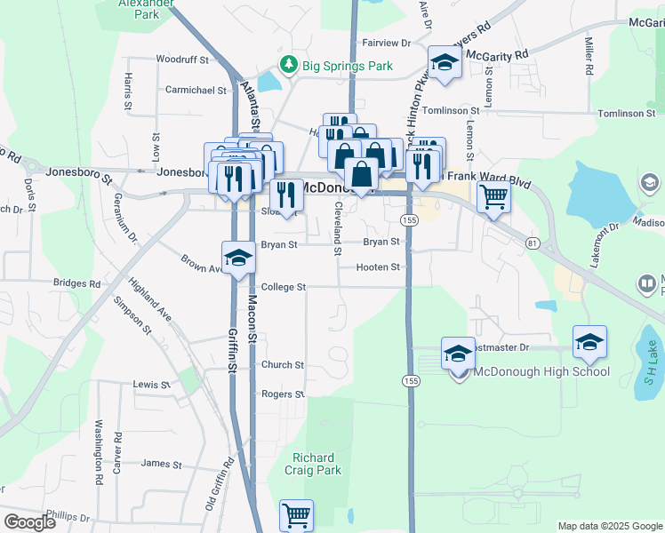 map of restaurants, bars, coffee shops, grocery stores, and more near 131 Cleveland Street in McDonough