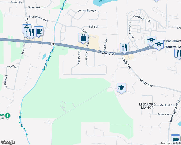 map of restaurants, bars, coffee shops, grocery stores, and more near 365 Oak Street in Fayetteville