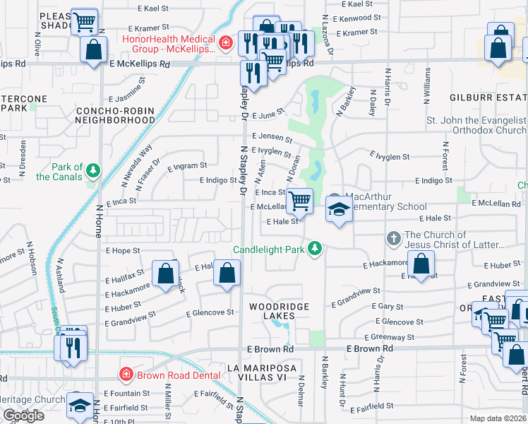 map of restaurants, bars, coffee shops, grocery stores, and more near 1237 East McLellan Road in Mesa