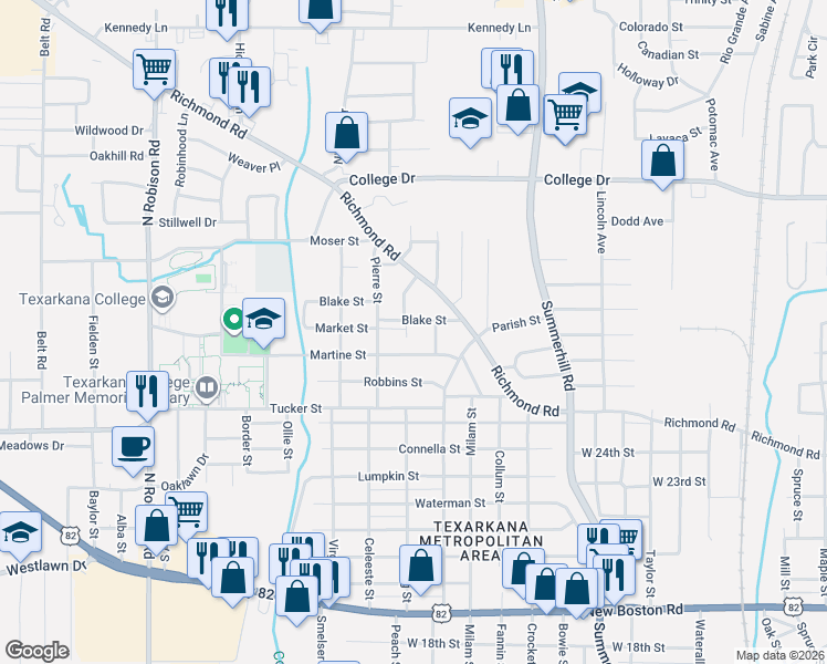 map of restaurants, bars, coffee shops, grocery stores, and more near 501 Blake Street in Texarkana