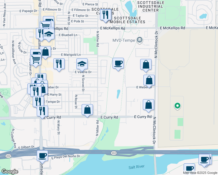 map of restaurants, bars, coffee shops, grocery stores, and more near 1324 East Weber Drive in Tempe