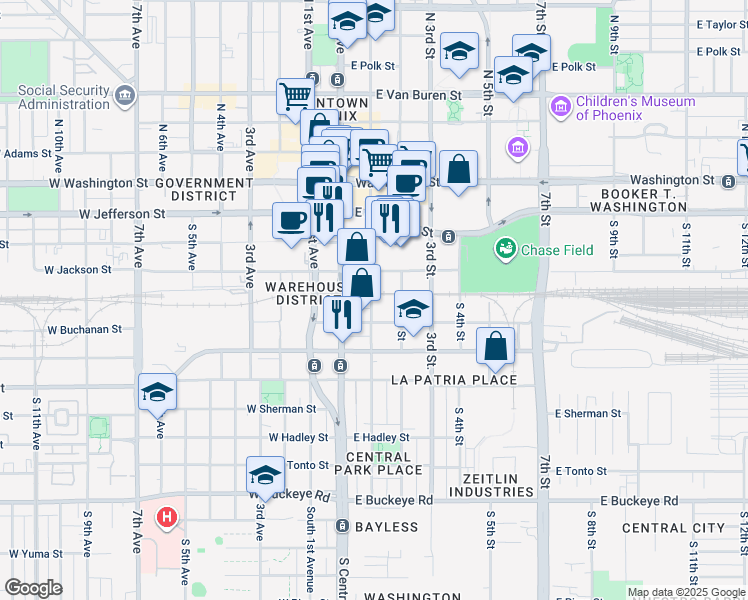 map of restaurants, bars, coffee shops, grocery stores, and more near 401 South 1st Street in Phoenix
