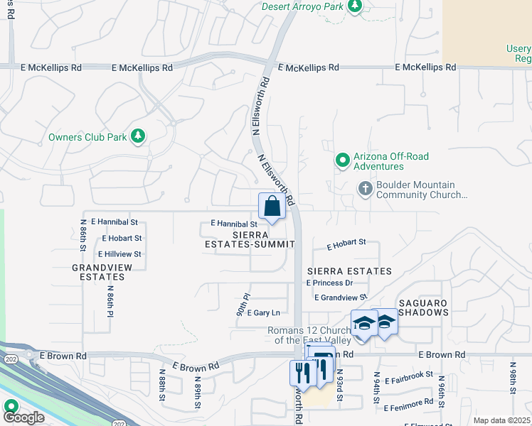 map of restaurants, bars, coffee shops, grocery stores, and more near 9051 East McLellan Road in Mesa