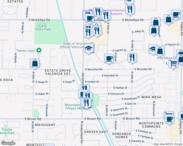 map of restaurants, bars, coffee shops, grocery stores, and more near 4423 East McLellan Road in Mesa