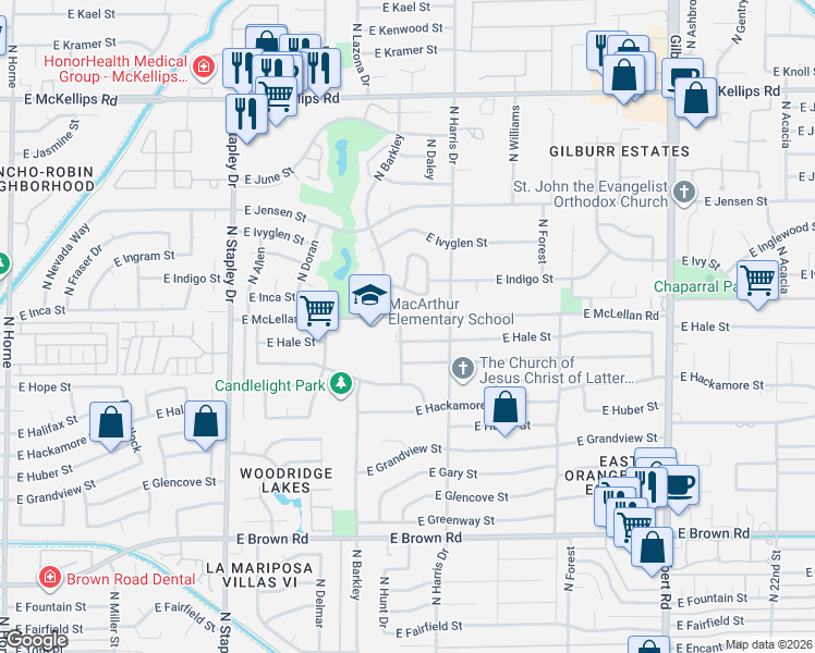map of restaurants, bars, coffee shops, grocery stores, and more near 1517 East McLellan Road in Mesa