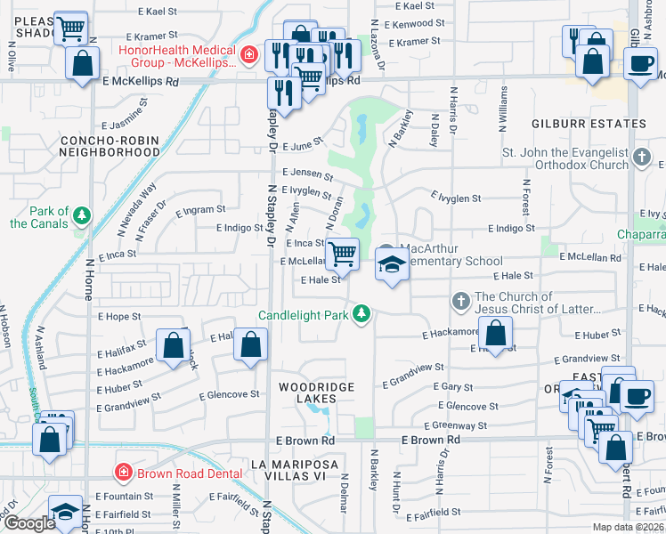 map of restaurants, bars, coffee shops, grocery stores, and more near 1313 East McLellan Road in Mesa