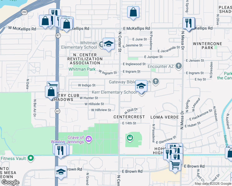 map of restaurants, bars, coffee shops, grocery stores, and more near 7 East McLellan Road in Mesa