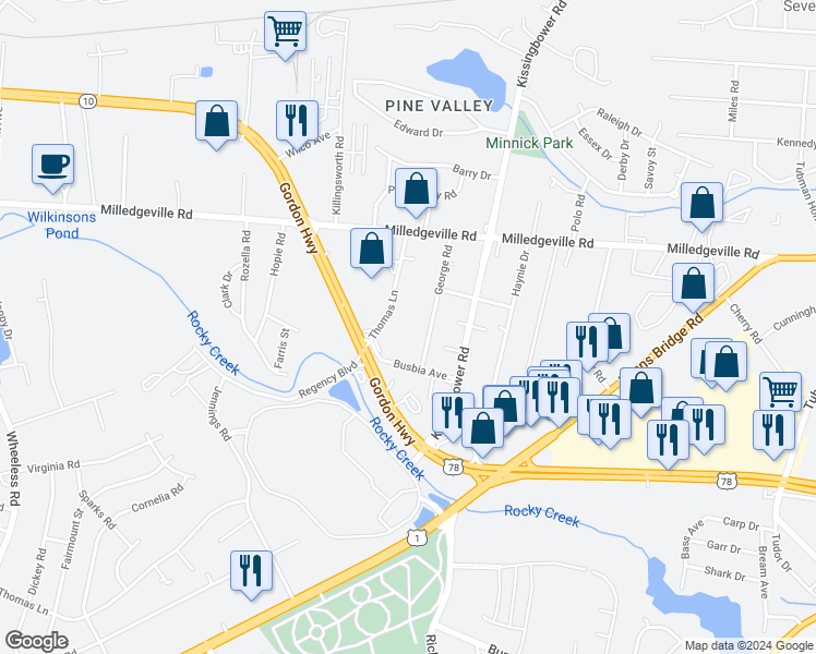 map of restaurants, bars, coffee shops, grocery stores, and more near 1926 1/2 Thomas Lane in Augusta