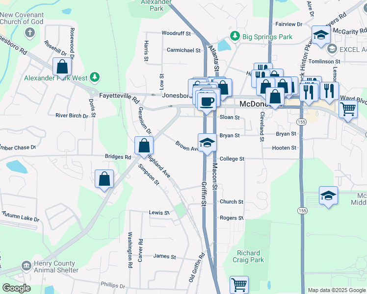 map of restaurants, bars, coffee shops, grocery stores, and more near 65 Brown Avenue in McDonough