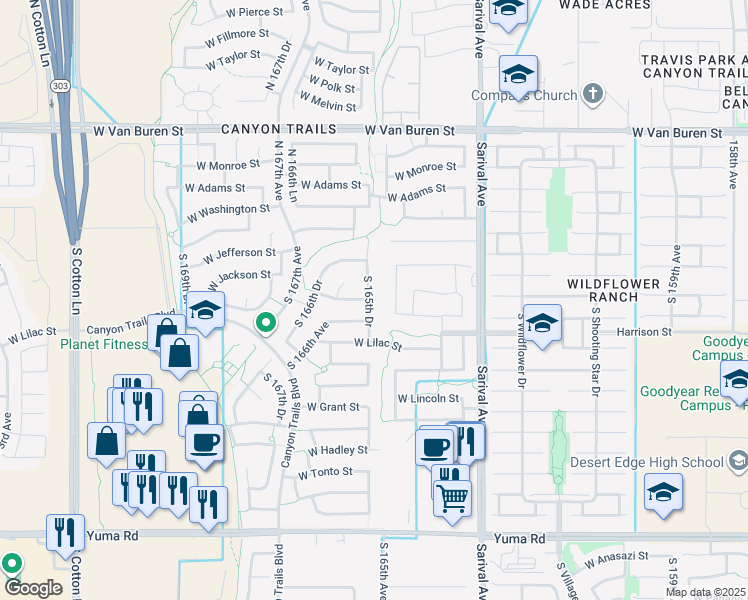 map of restaurants, bars, coffee shops, grocery stores, and more near 305 South 165th Drive in Goodyear