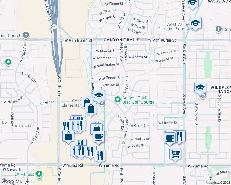map of restaurants, bars, coffee shops, grocery stores, and more near 270 South 167th Drive in Goodyear