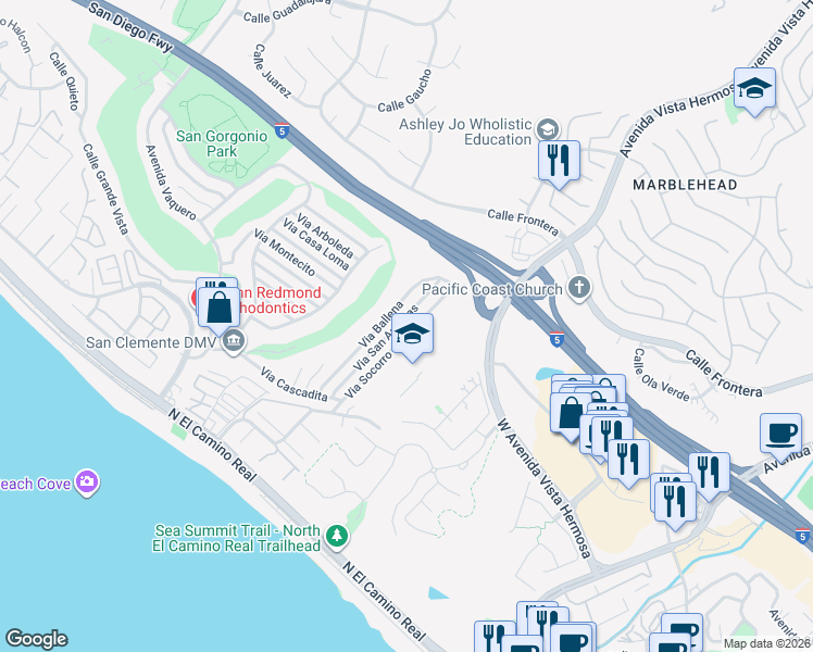 map of restaurants, bars, coffee shops, grocery stores, and more near 239 Via Socorro in San Clemente