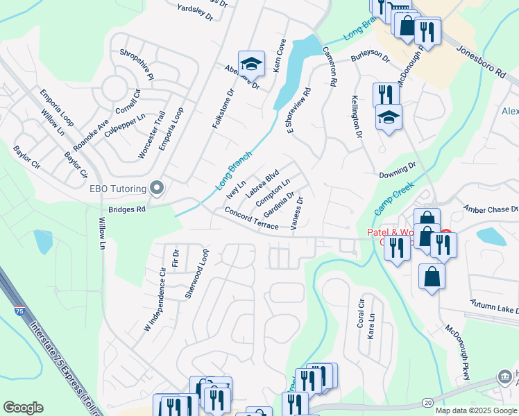 map of restaurants, bars, coffee shops, grocery stores, and more near 760 Compton Lane in McDonough