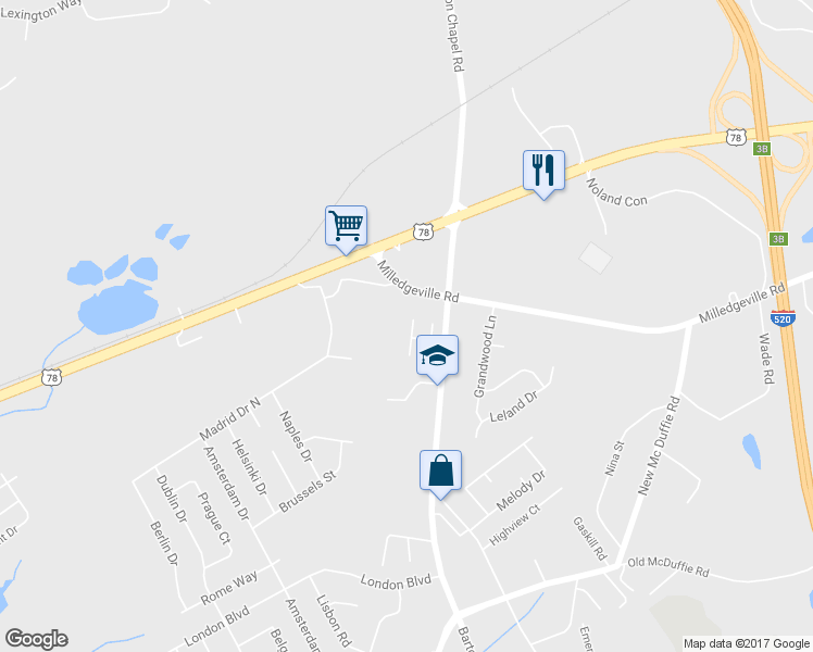 map of restaurants, bars, coffee shops, grocery stores, and more near 2307 Marlette Court in Augusta