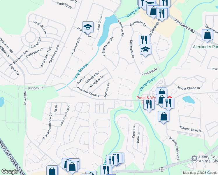 map of restaurants, bars, coffee shops, grocery stores, and more near 255 Vaness Drive in McDonough