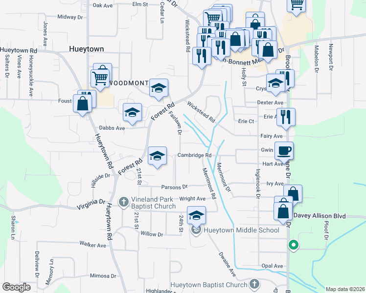 map of restaurants, bars, coffee shops, grocery stores, and more near 1004 Fairlawn Drive in Hueytown