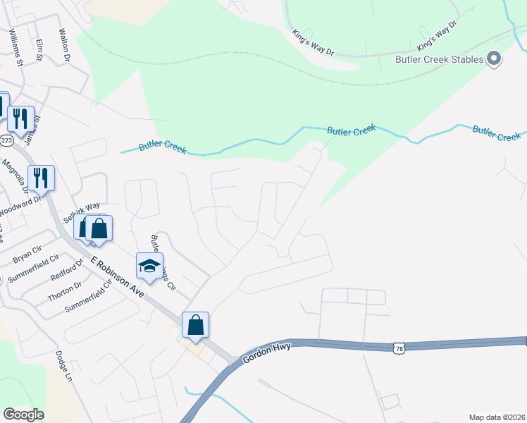 map of restaurants, bars, coffee shops, grocery stores, and more near 3043 Pepperhill Drive in Grovetown